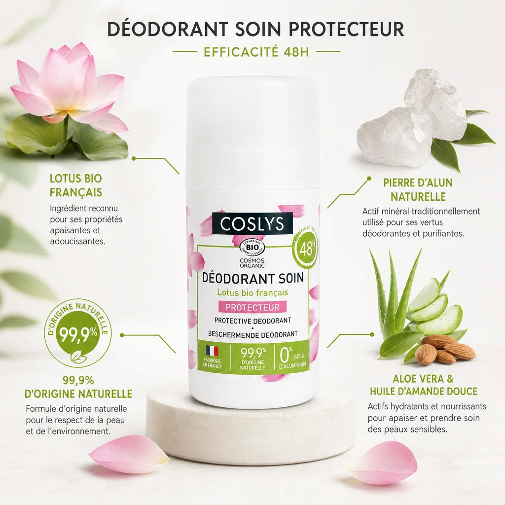 Déodorant bio Coslys avec ingrédients naturels : lotus, pierre d'alun, aloe vera et amande douce