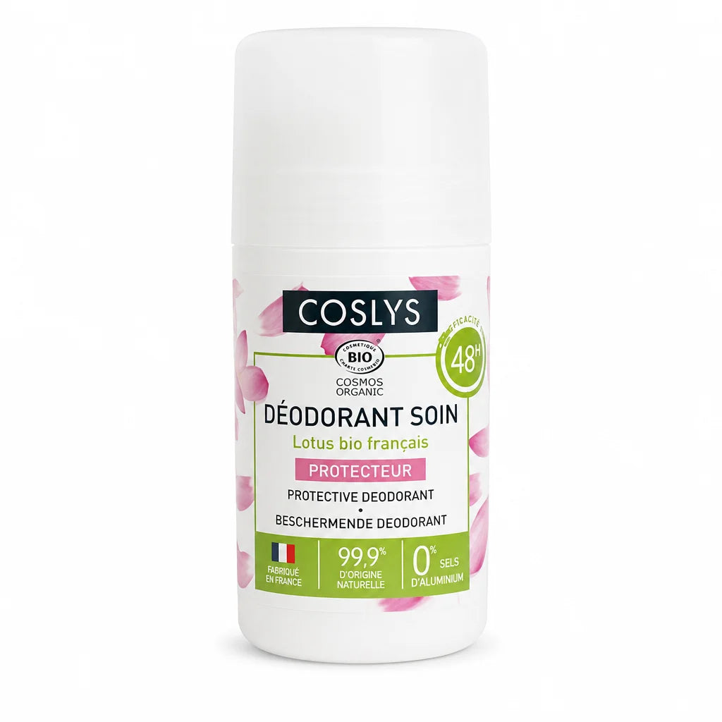 Déodorant Soin Protecteur Coslys Bio roll-on blanc et noir sur fond blanc