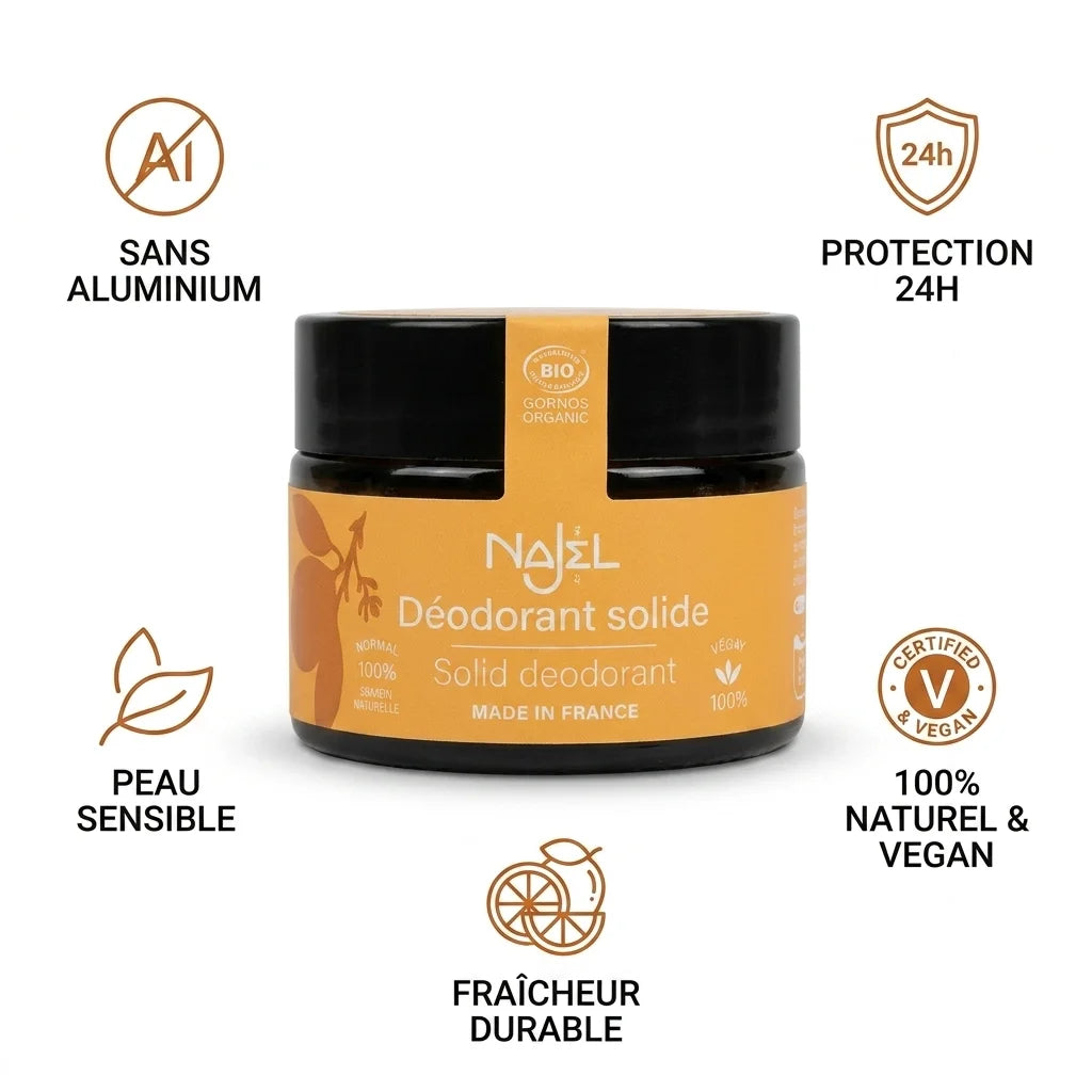 Déodorant solide bio Najel Mangue citrus sans aluminium, protection 24h, vegan et naturel