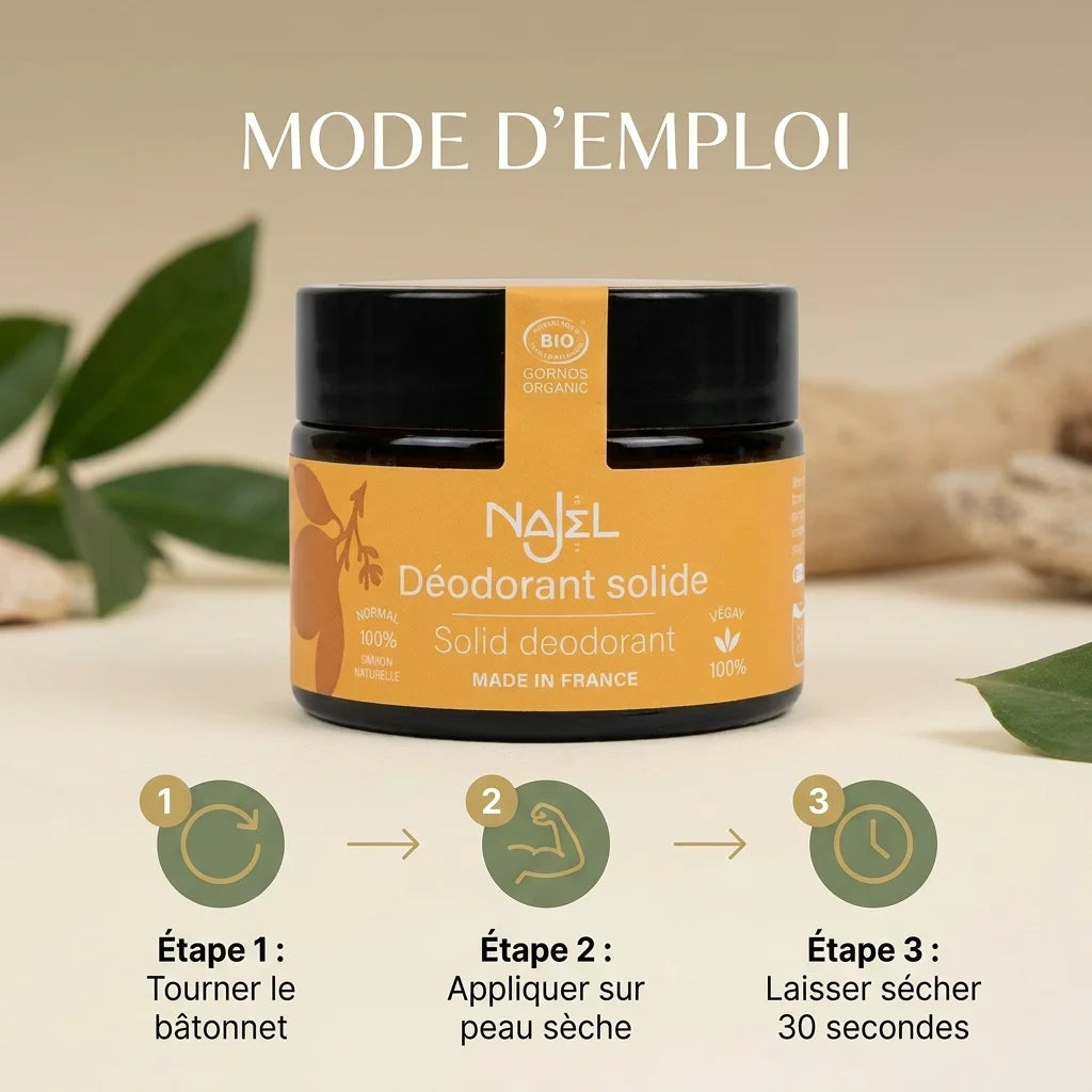 Déodorant solide bio Najel Mangue citrus avec mode d'emploi en 3 étapes d'application