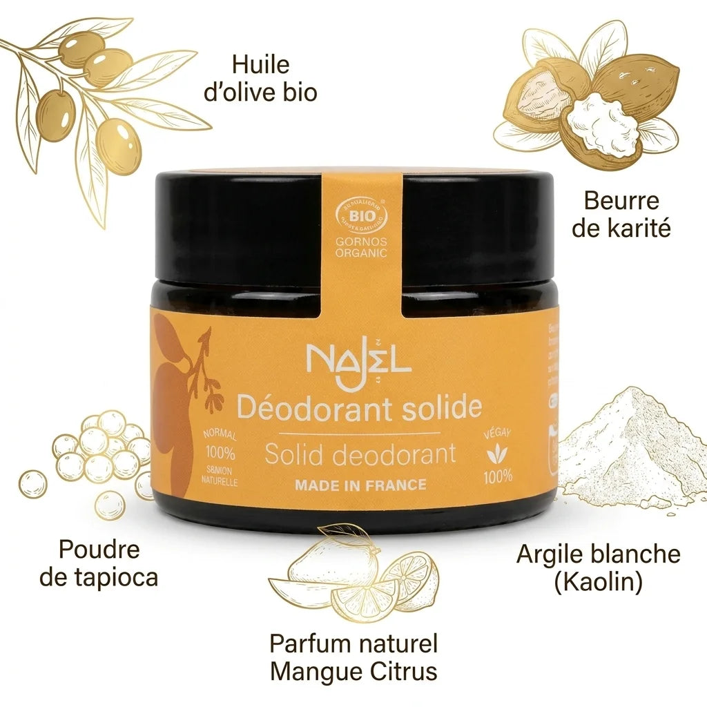 Déodorant solide bio Najel Mangue Citrus avec ingrédients naturels certifiés