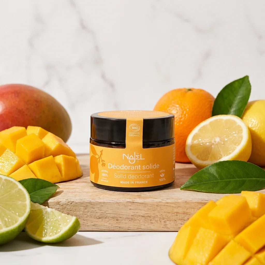 Déodorant solide bio Najel Mangue citrus avec fruits frais sur surface bois