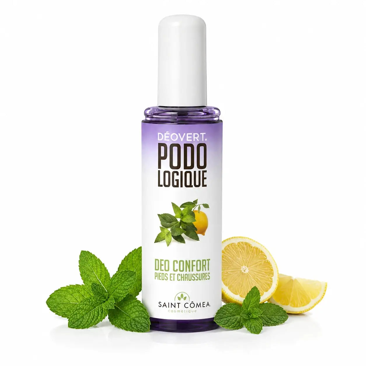 Déodorant Déovert Podologique pour pieds et chaussures sur fond blanc avec menthe fraîche et citron