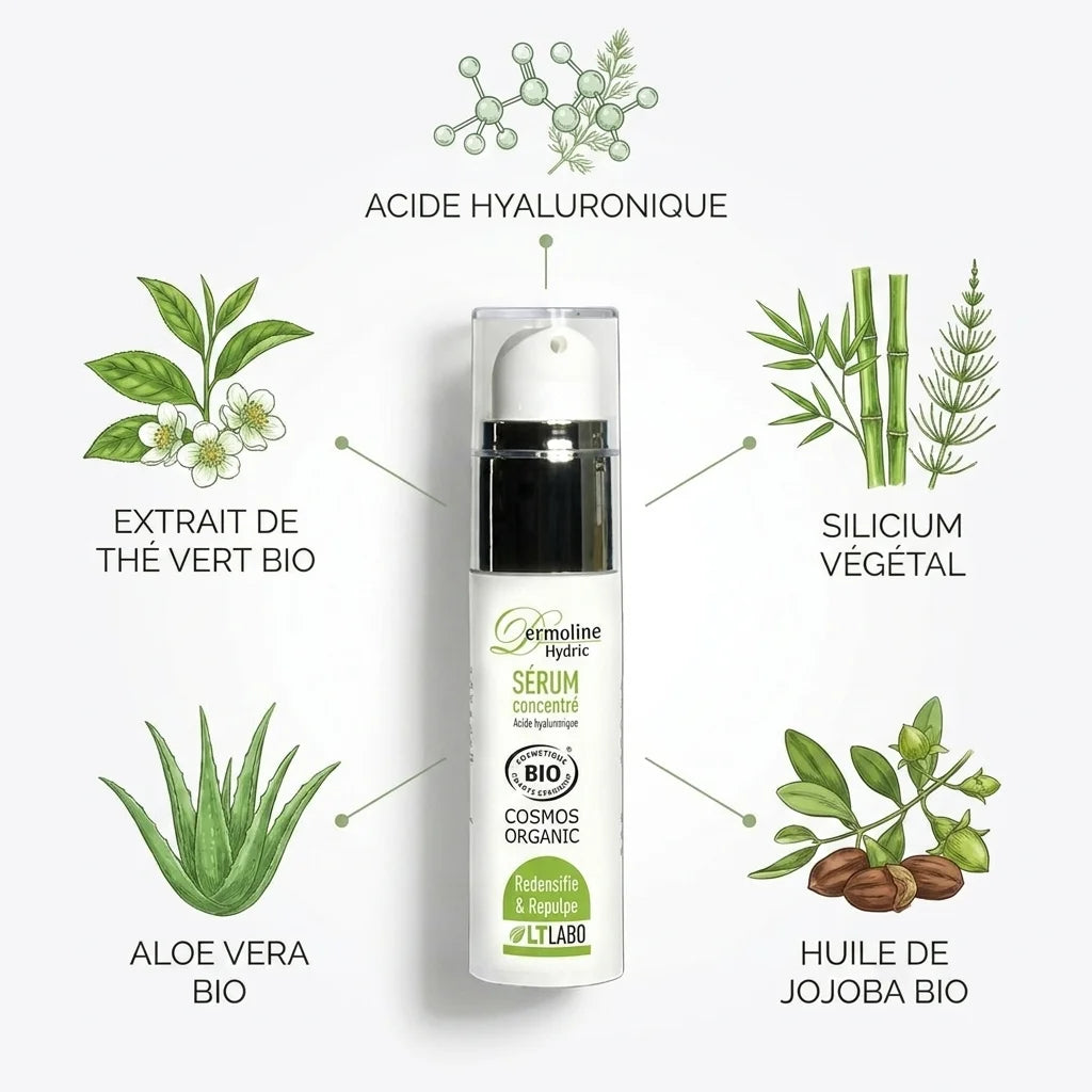 Dermoline Hydric Serum Bio 30ml avec ingrédients naturels : acide hyaluronique, jojoba, aloe vera