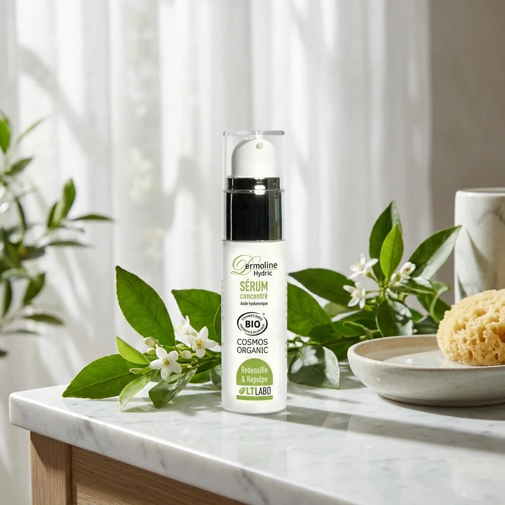 Dermoline Hydric Serum Bio 30ml LT Labo avec pompe blanche sur marbre et botaniques
