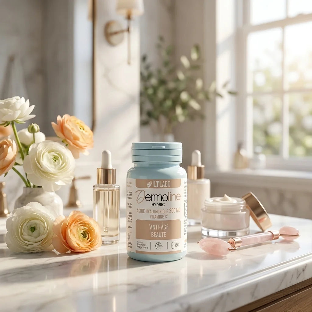 Dermoline Hydric 60 gélules sur vanité marbre avec accessoires beauté et fleurs
