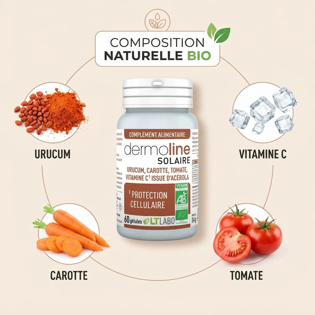 Dermoline Solaire Bio gélules avec ingrédients naturels : urucum, carotte, tomate et vitamine C