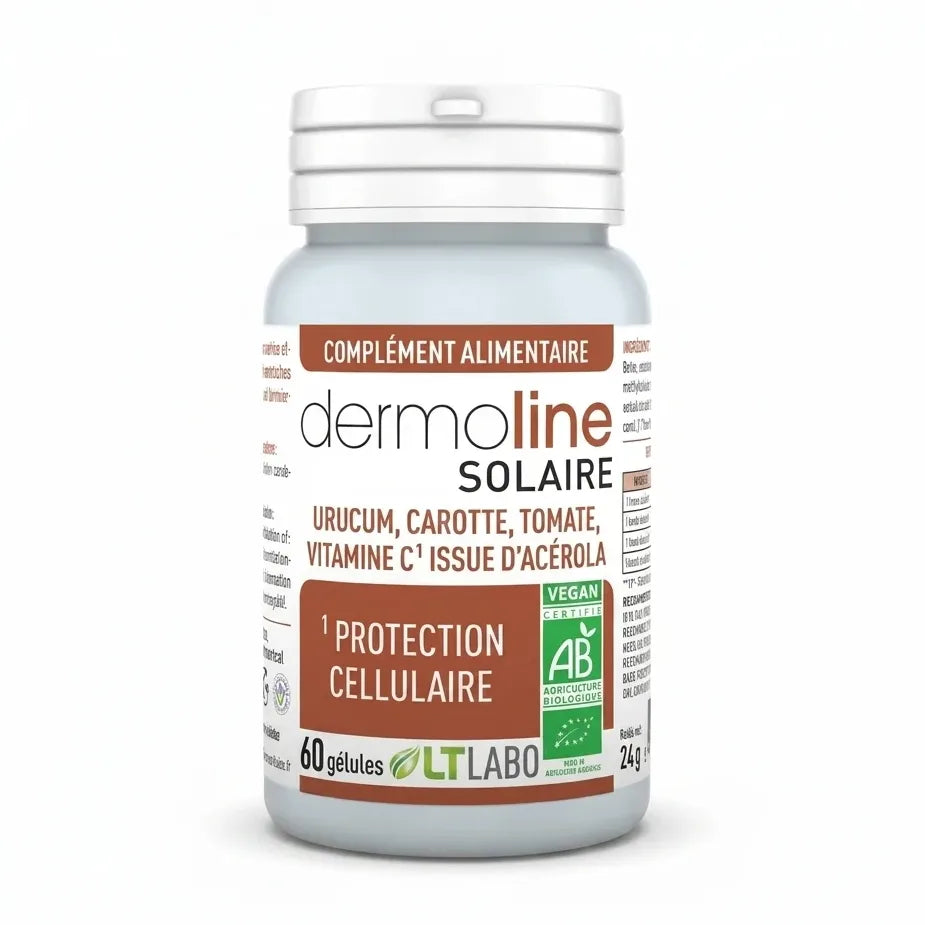 Flacon Dermoline Solaire Bio en gélules sur fond blanc studio