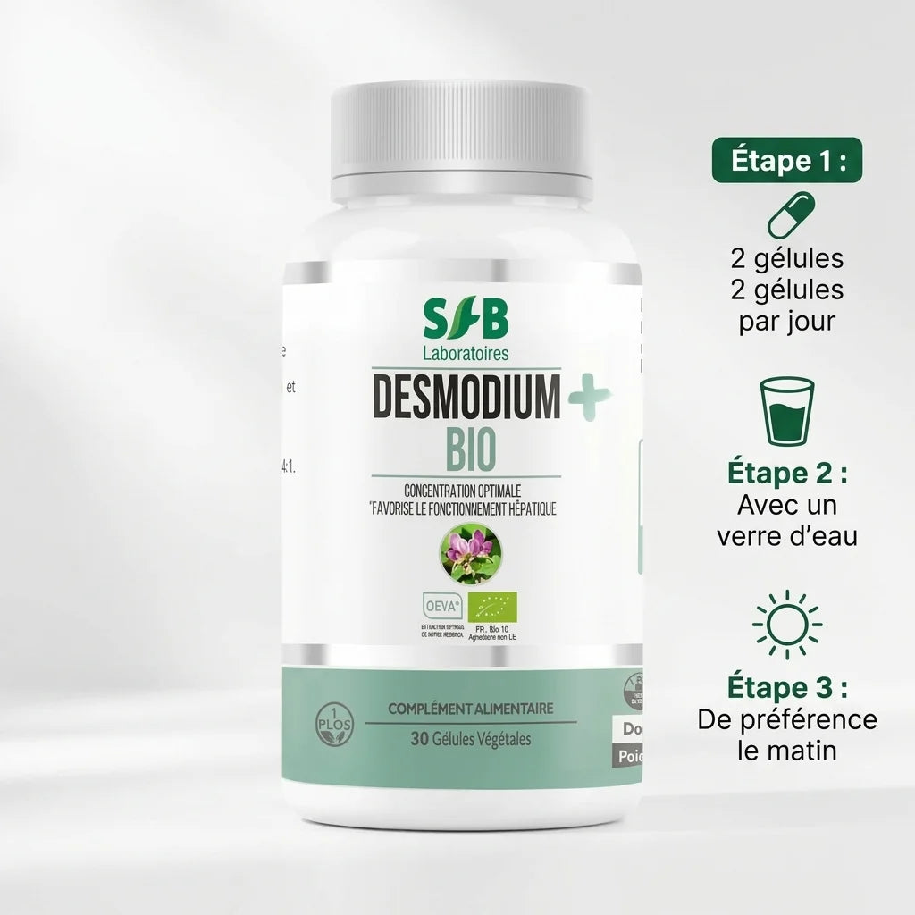 Desmodium Plus Bio SFB gélules avec instructions posologie : 2 gélules par jour à l'eau le matin