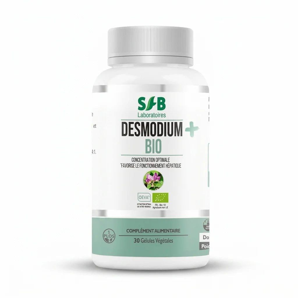 Bouteille de gélules Desmodium Plus Bio SFB sur fond blanc, complément alimentaire bio
