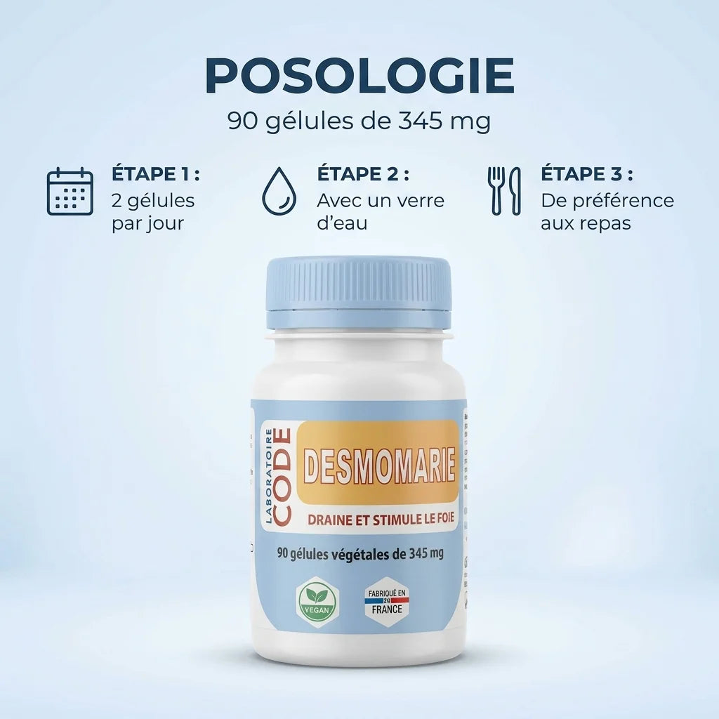 Desmomarie vegan en gélules 345mg avec posologie 2 gélules par jour, flacon 90 gélules
