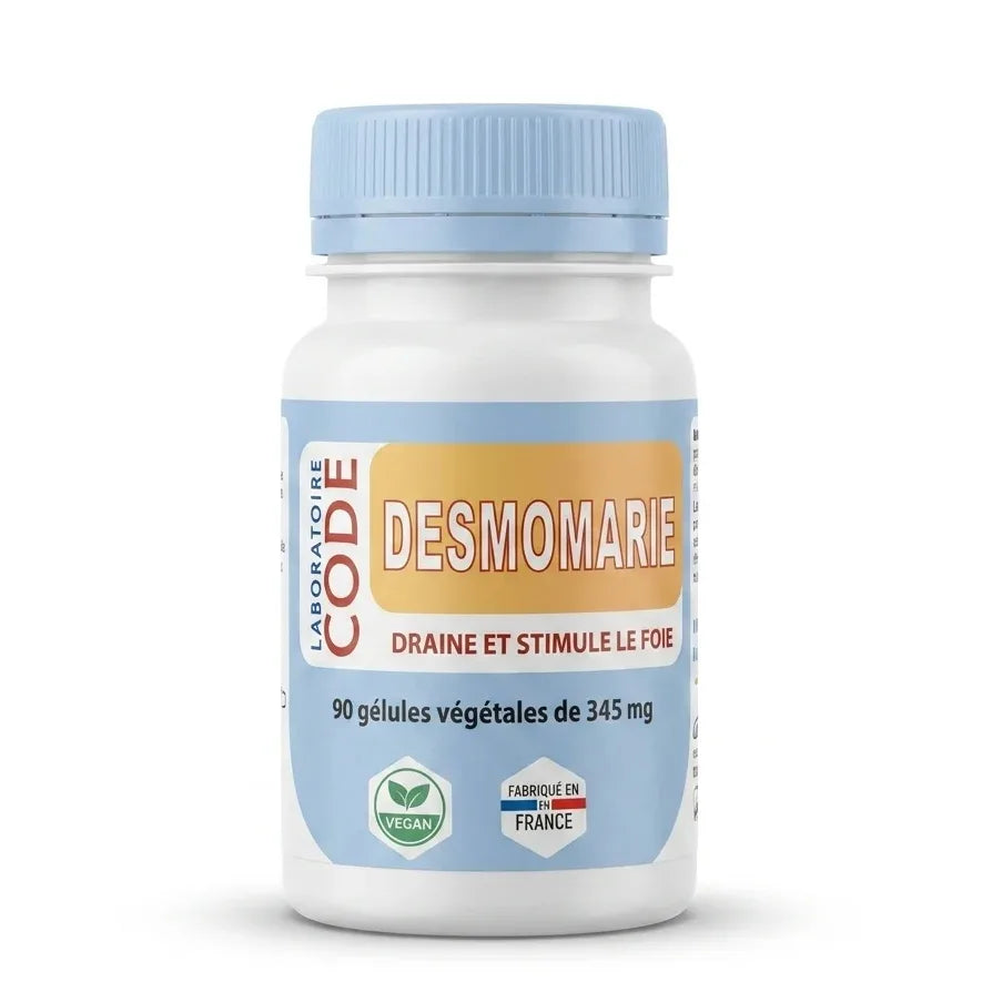 Flacon Desmomarie vegan en gélules avec bouchon bleu clair sur fond blanc
