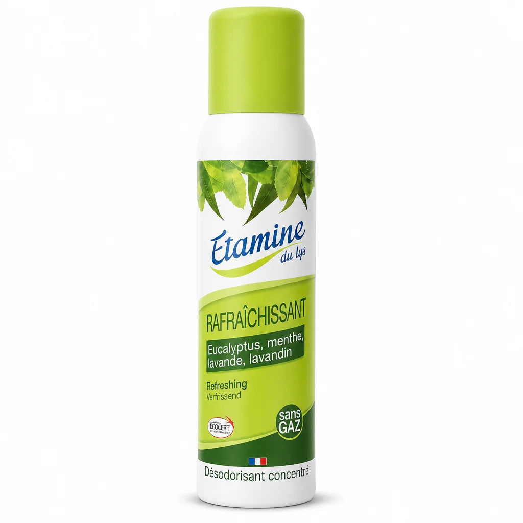 Désodorisant spray Etamine du Lys 125ml, flacon vert et blanc sur fond blanc