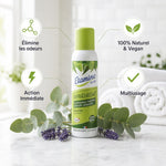 Désodorisant spray vegan Etamine du Lys naturel avec lavande et eucalyptus sur marbre blanc