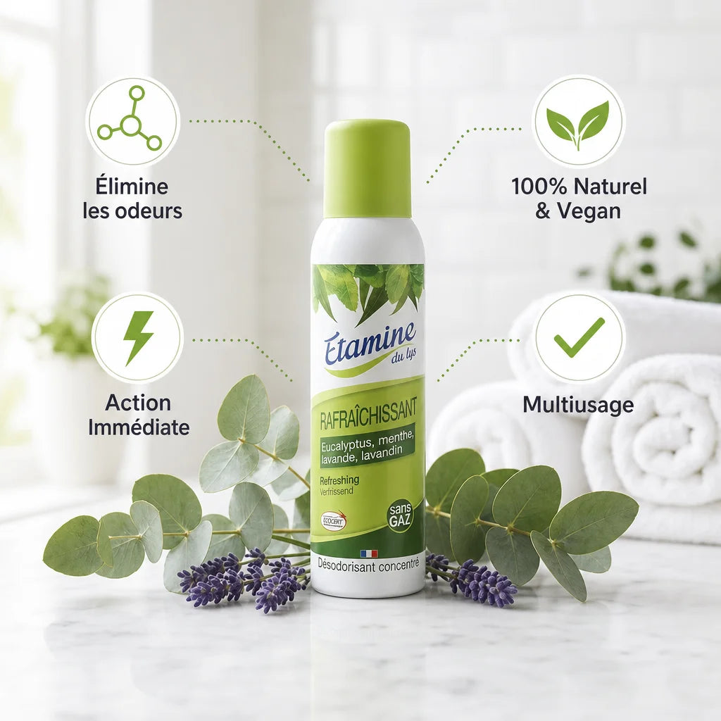 Désodorisant spray vegan Etamine du Lys naturel avec lavande et eucalyptus sur marbre blanc