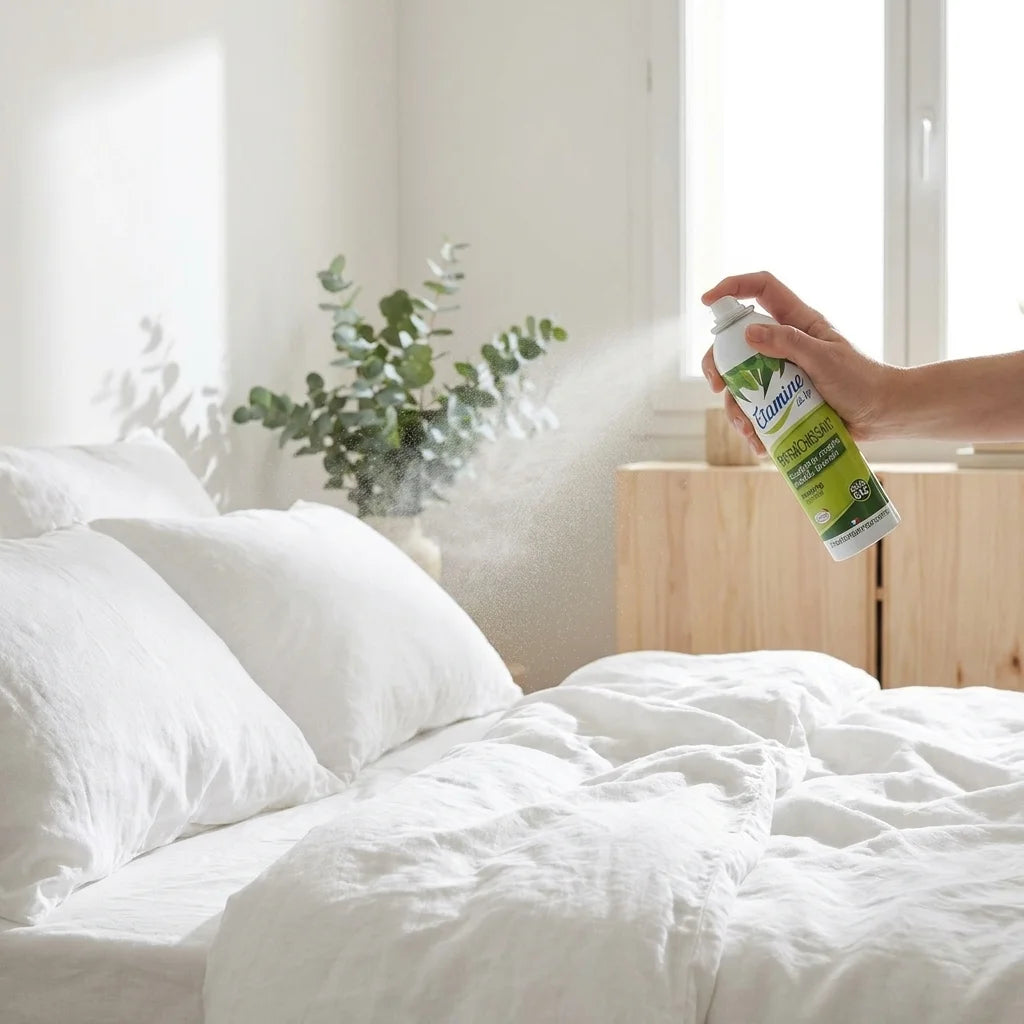 Désodorisant spray vegan Etamine du Lys en utilisation sur linge blanc