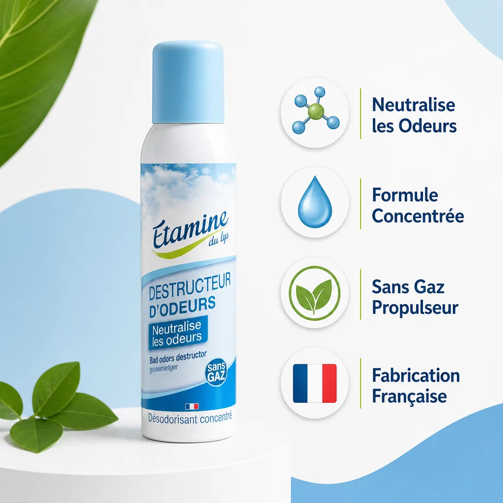 Destructeur d'odeurs Etamine du Lys spray avec bénéfices : neutralise, formule concentrée, sans gaz