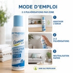 Destructeur d'Odeurs Etamine du Lys spray avec mode d'emploi et étapes d'application en 3 étapes