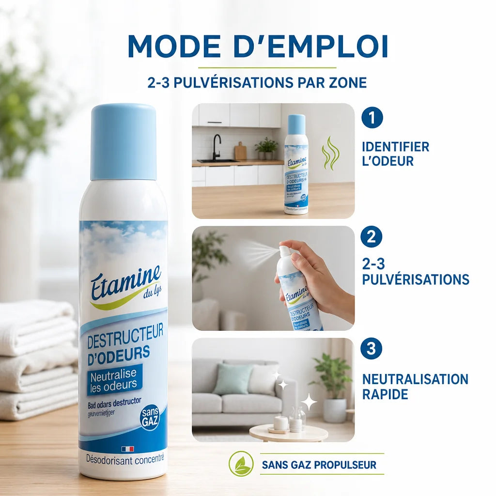 Destructeur d'Odeurs Etamine du Lys spray avec mode d'emploi et étapes d'application en 3 étapes