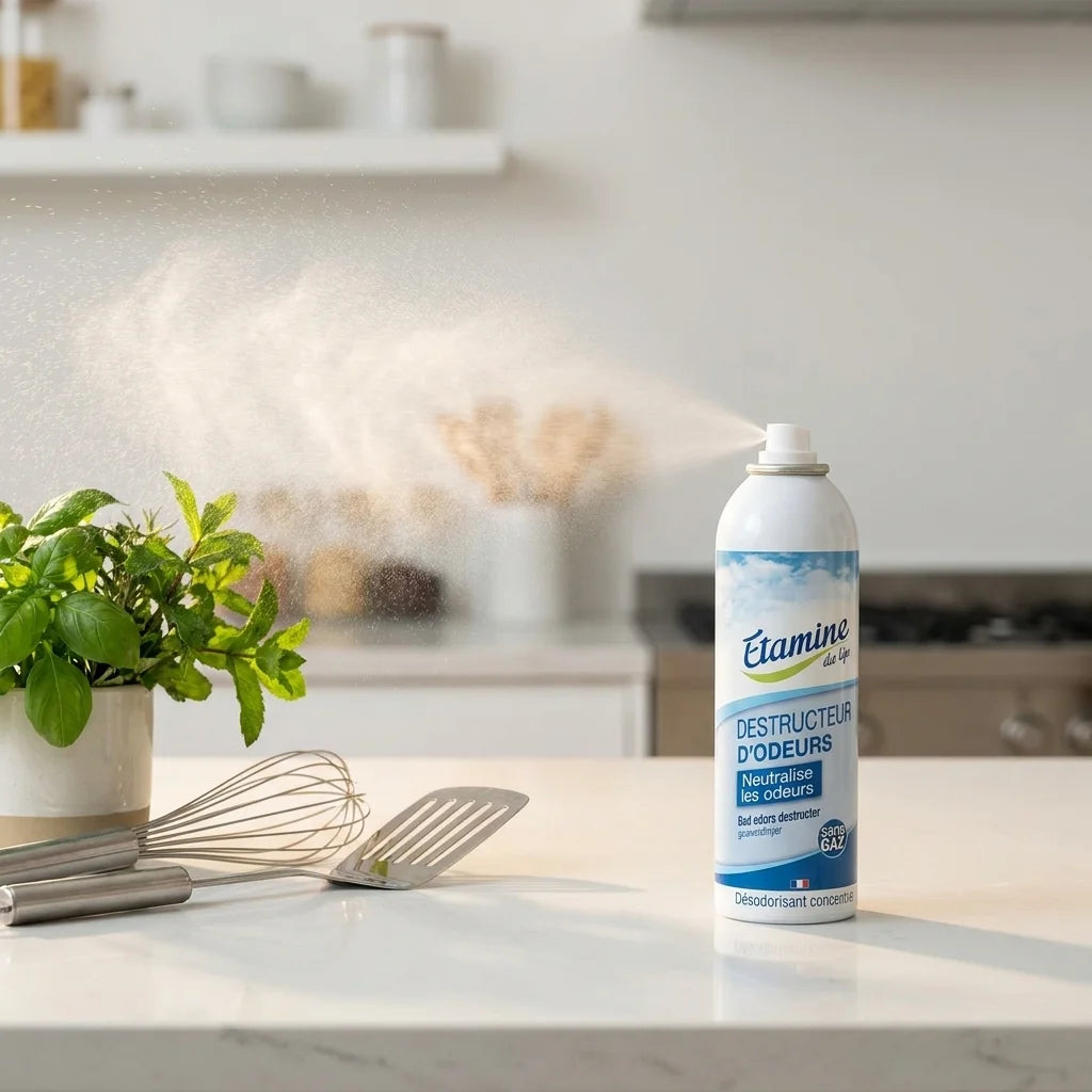Destructeur d'Odeurs Etamine du Lys spray en action dans une cuisine moderne