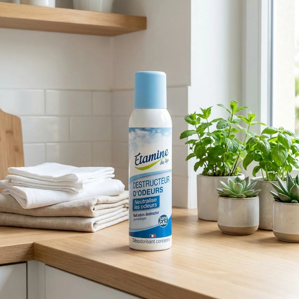 Destructeur d'odeurs Etamine du Lys spray sur plan de travail cuisine moderne avec plantes et tissus frais