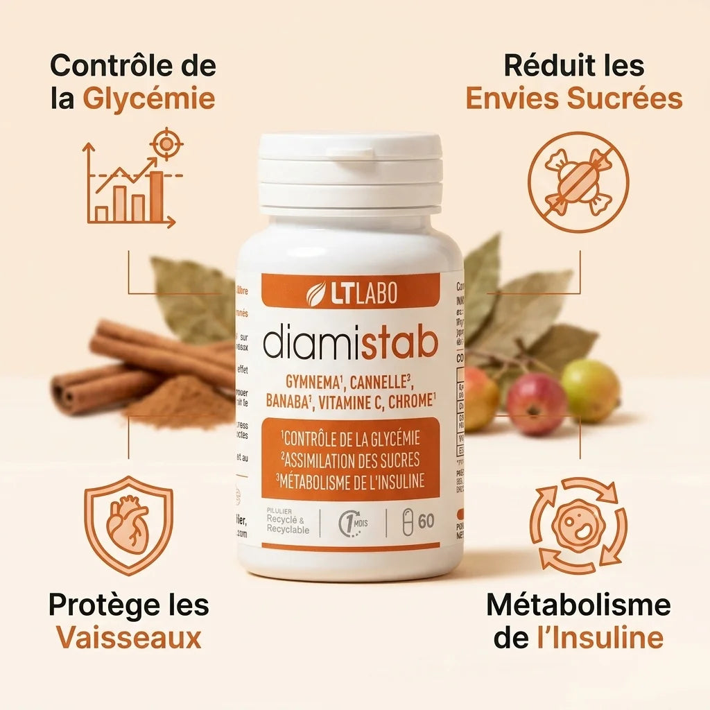 Diamistab gélules avec bénéfices : contrôle glycémie, réduit envies sucrées, protège vaisseaux, métabolisme insuline