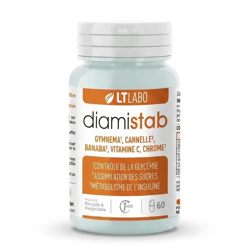 Diamistab gélules complément alimentaire LT Labo bouteille blanche isolée fond blanc