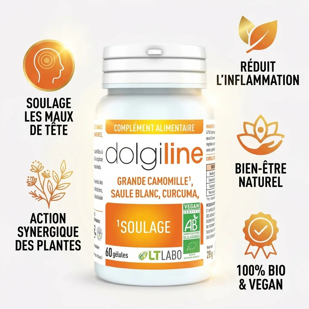 Dolgiline bio gélules bouteille avec infographie des bénéfices naturels et certification bio vegan