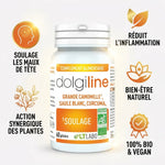 Dolgiline bio gélules bouteille avec infographie des bénéfices naturels et certification bio vegan