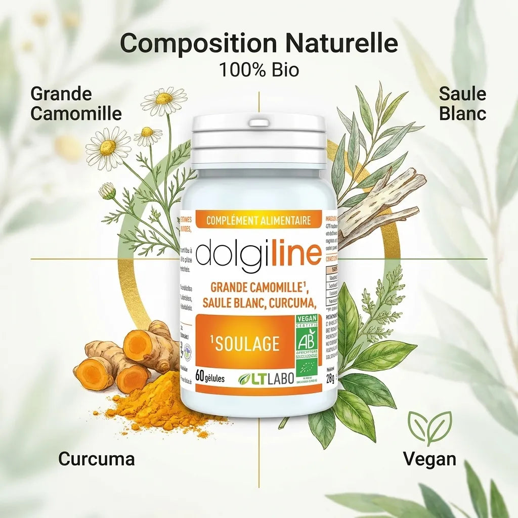 Dolgiline bio gélules avec composition naturelle: Grande Camomille, Saule Blanc, Curcuma 100% bio vegan