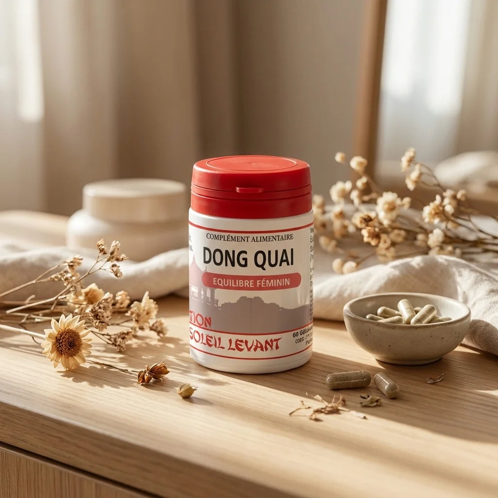 Flacon de gélules Dong Quai vegan avec bouchon rouge, ambiance wellness naturelle et minimaliste