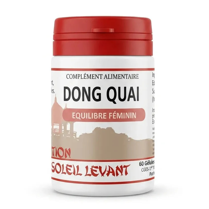Flacon de gélules Dong Quai vegan pour l'équilibre féminin sur fond blanc