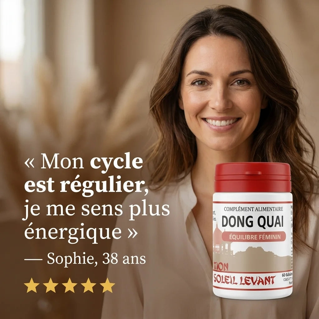 Témoignage client Dong Quai vegan en gélules - Femme souriante tenant le flacon avec avis 5 étoiles