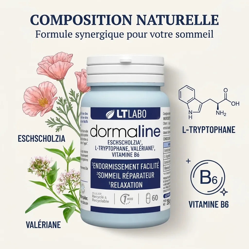 Dormaline gélules sommeil avec composition naturelle : Eschscholzia, Valériane, L-Tryptophane, Vitamine B6