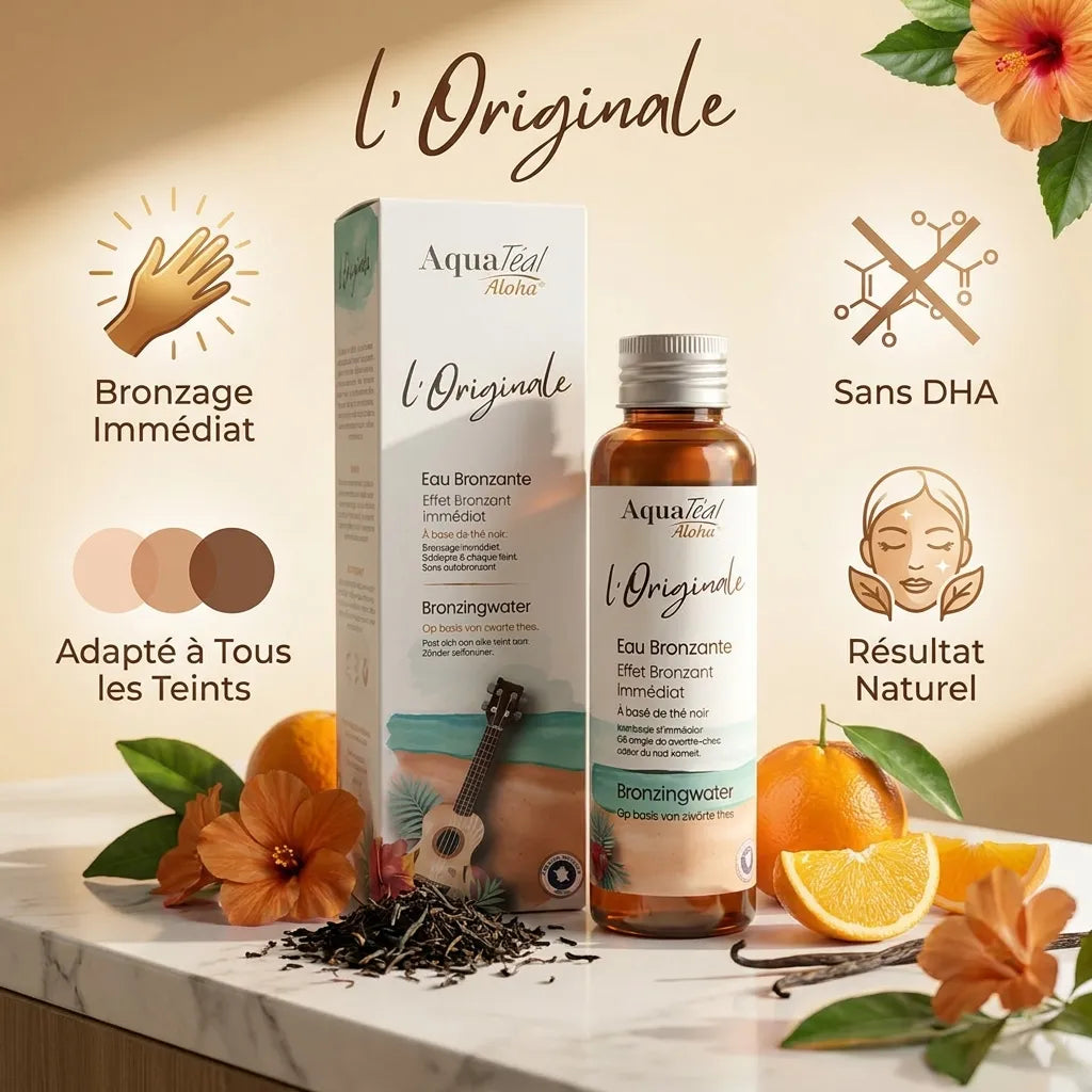 Eau Bronzante l'Originale Aquatéal - bouteille et bénéfices bronzage naturel sans DHA tous teints