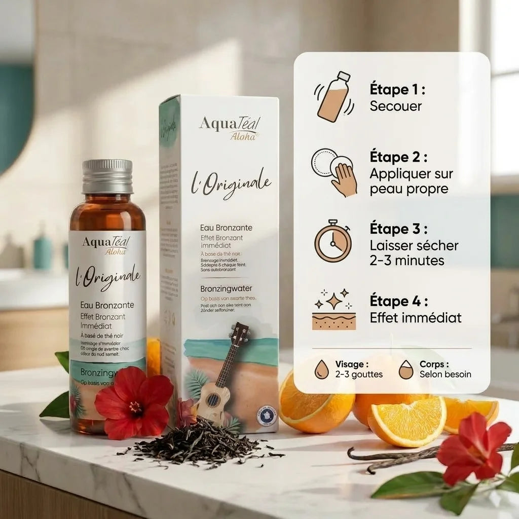 Eau Bronzante l'Originale Aquatéal - Guide d'utilisation en 4 étapes avec dosage et résultats immédiats