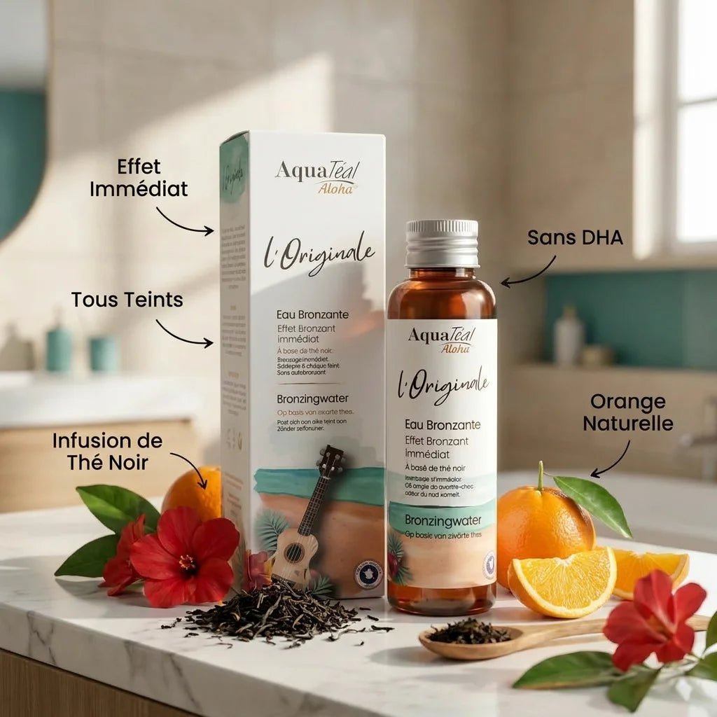 Eau Bronzante l'Originale Aquatéal avec ingrédients naturels thé noir orange hibiscus