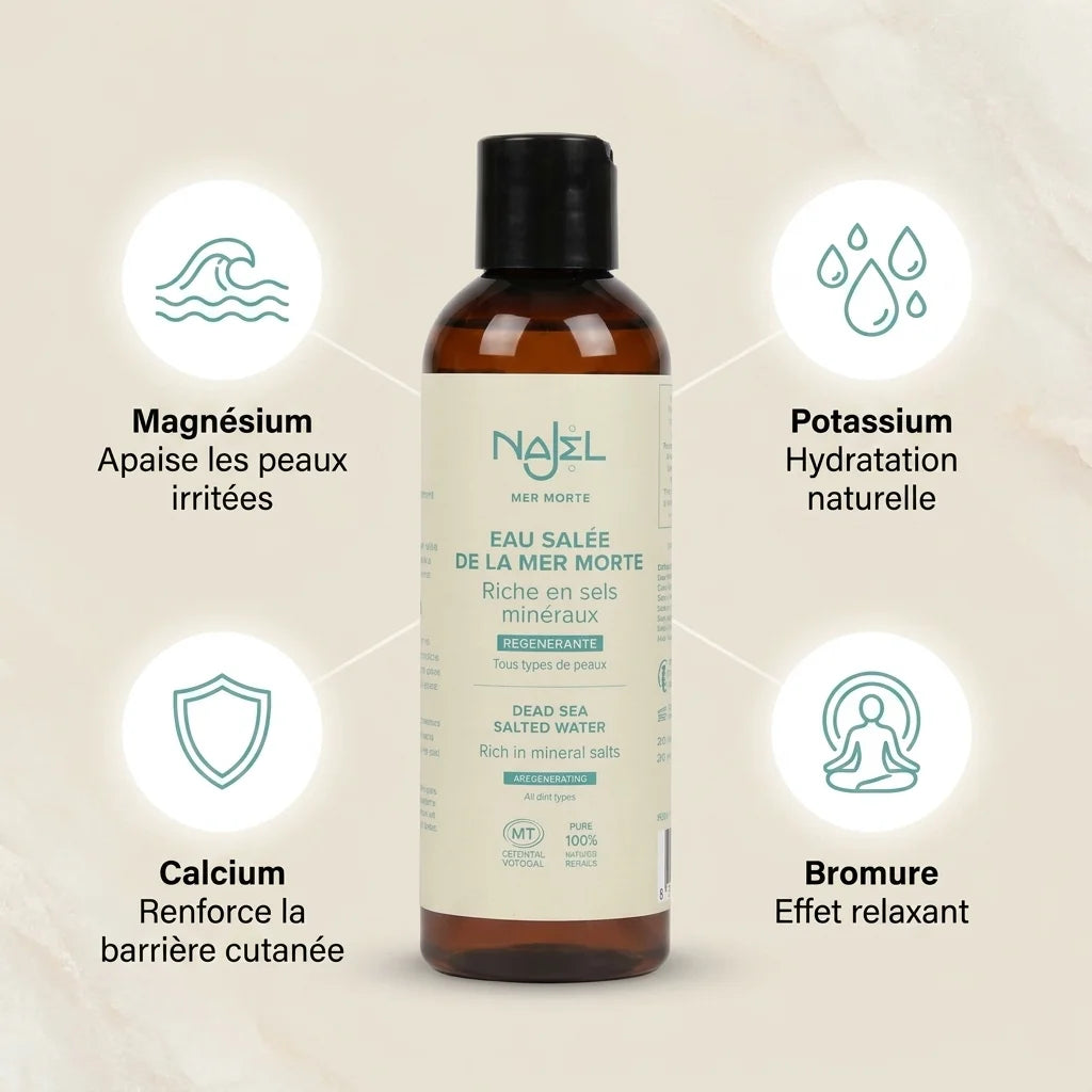 Eau Salée Mer Morte Najel - Magnésium, Potassium, Calcium et Bromure pour la peau