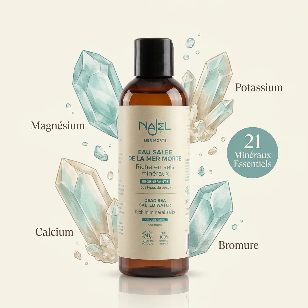 Eau salée Najel Mer Morte avec minéraux essentiels magnésium potassium calcium bromure infographie