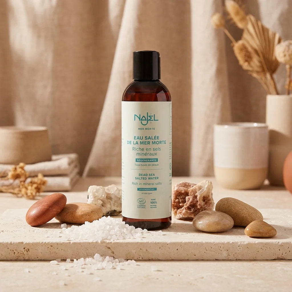 Bouteille Najel Eau Salée Mer Morte sur surface spa minimaliste avec cristaux de sel marin