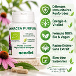 Echinacea 210 mg Bio 100 gélules avec infographie bénéfices immunité, vitalité, formule vegan