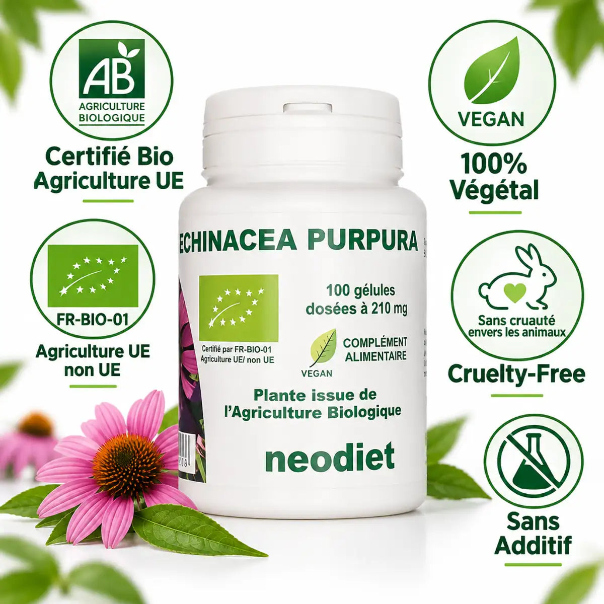 Echinacea 210mg Bio 100 gélules Vital Osmose certifié AB avec badges vegan et cruelty-free