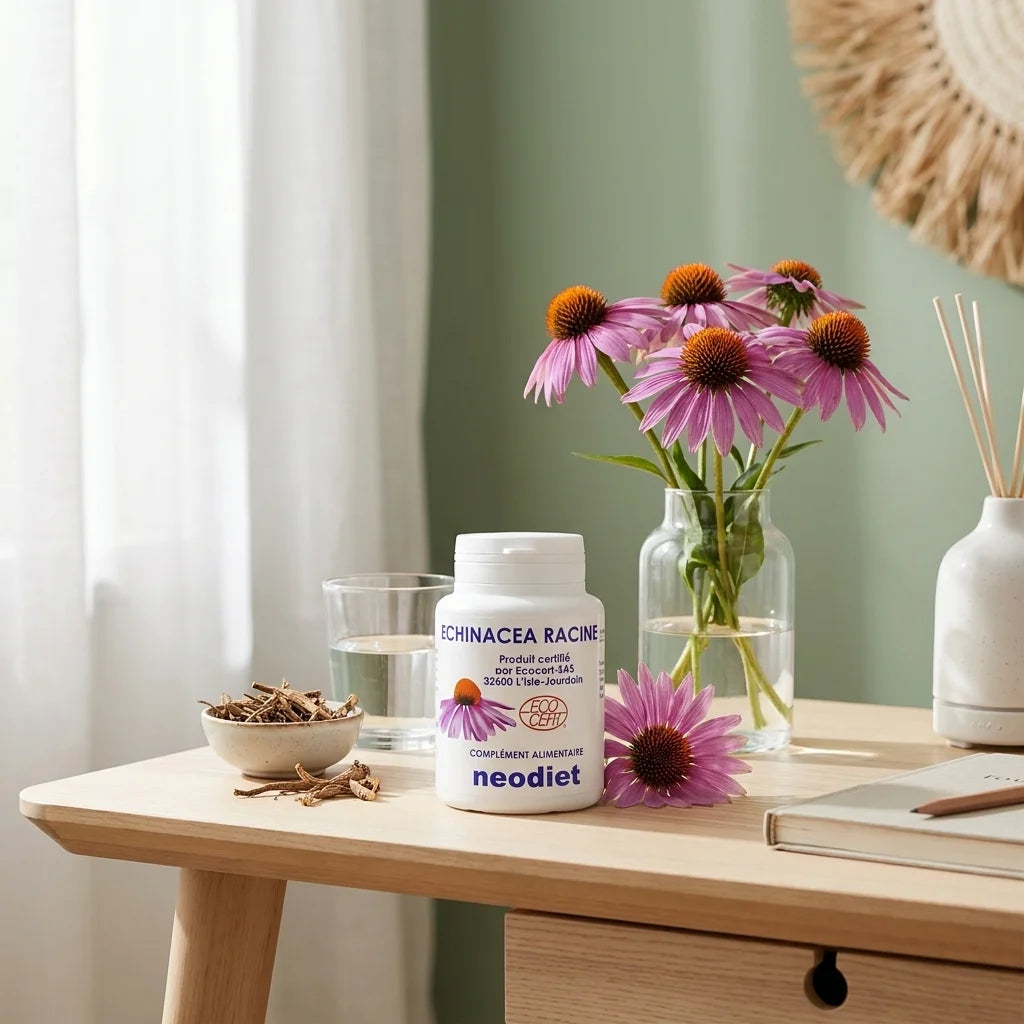 Echinacea Racine gélules Vital Osmose sur bureau wellness avec fleurs et verre d'eau