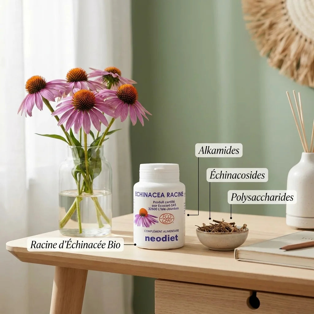 Gélules Echinacea Racine Bio avec fleurs fraîches et ingrédients actifs en présentation premium