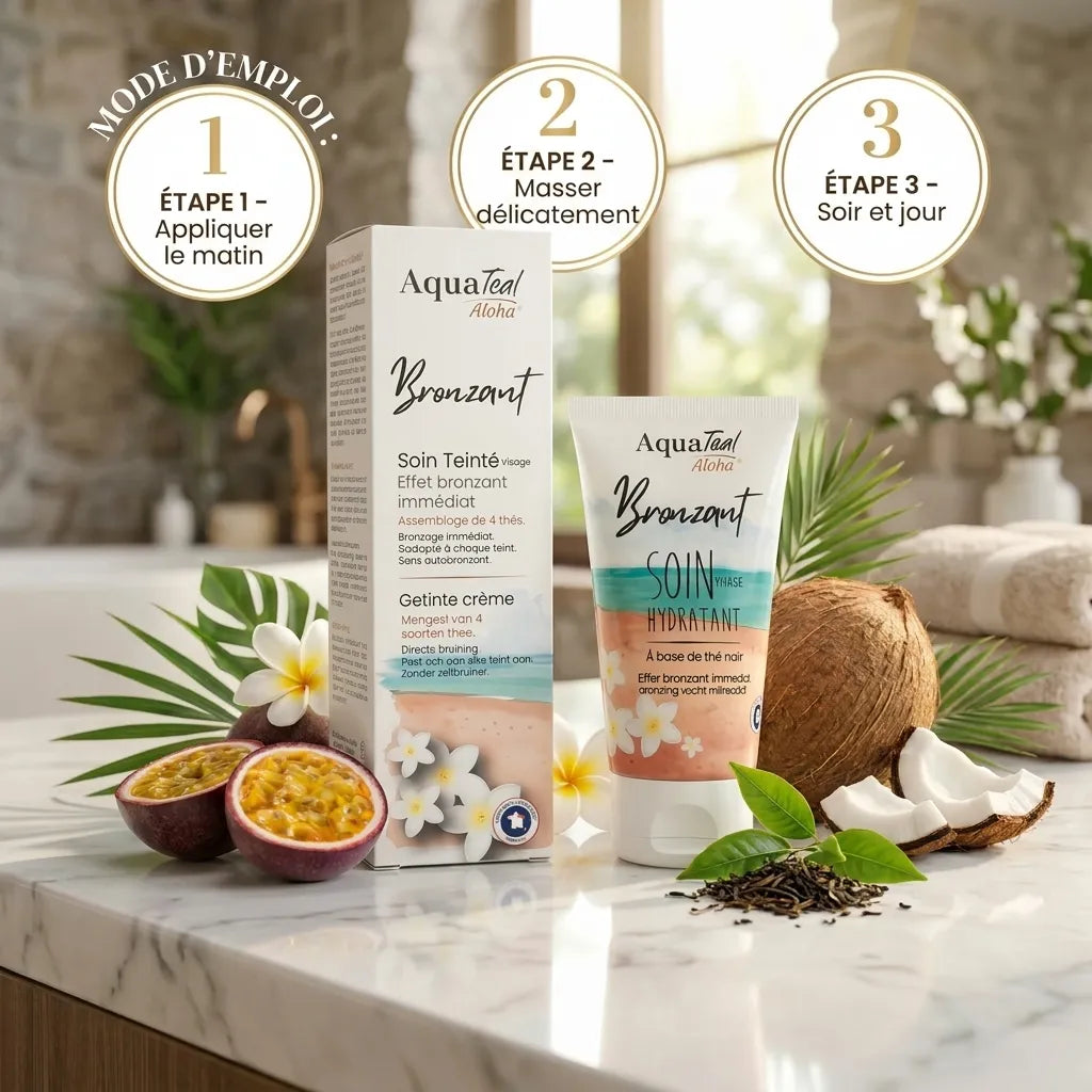 Soin visage anti-âge Aquatéal effet bronzant avec mode d'emploi et packaging sur marbre