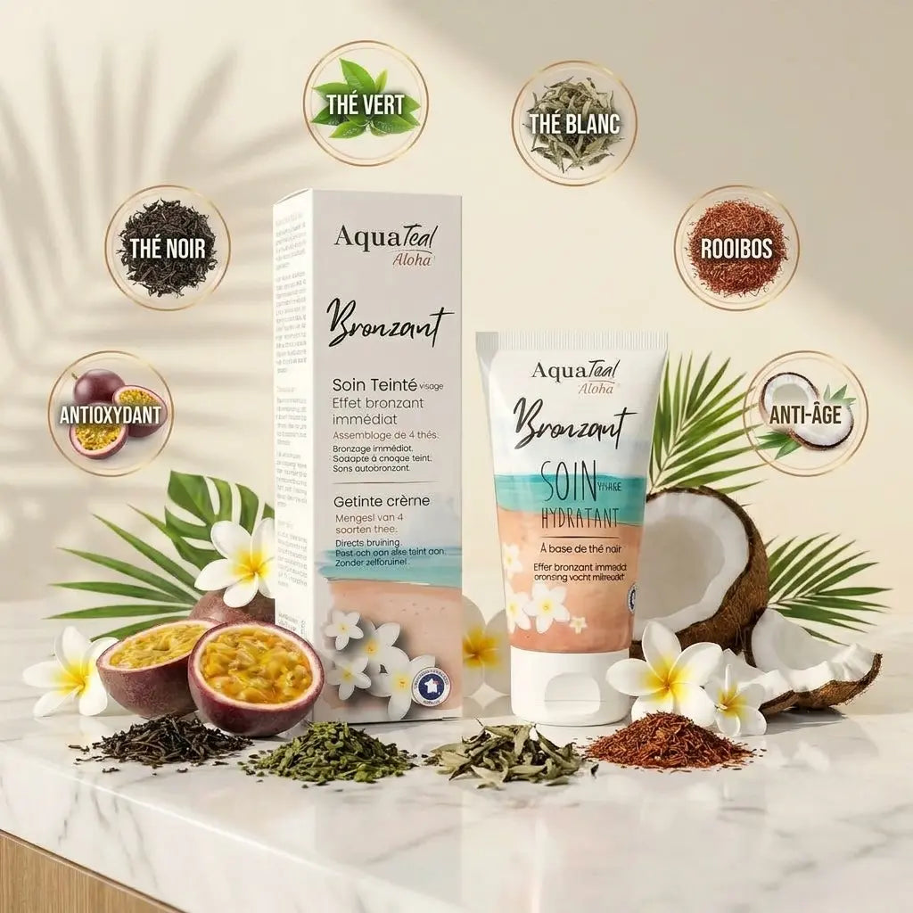 Crème bronzante Aquatéal anti-âge avec ingrédients naturels thé et fruits exotiques