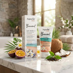 Crème soin visage anti-âge bronzant Aquatéal sur vanité spa luxe avec éléments naturels