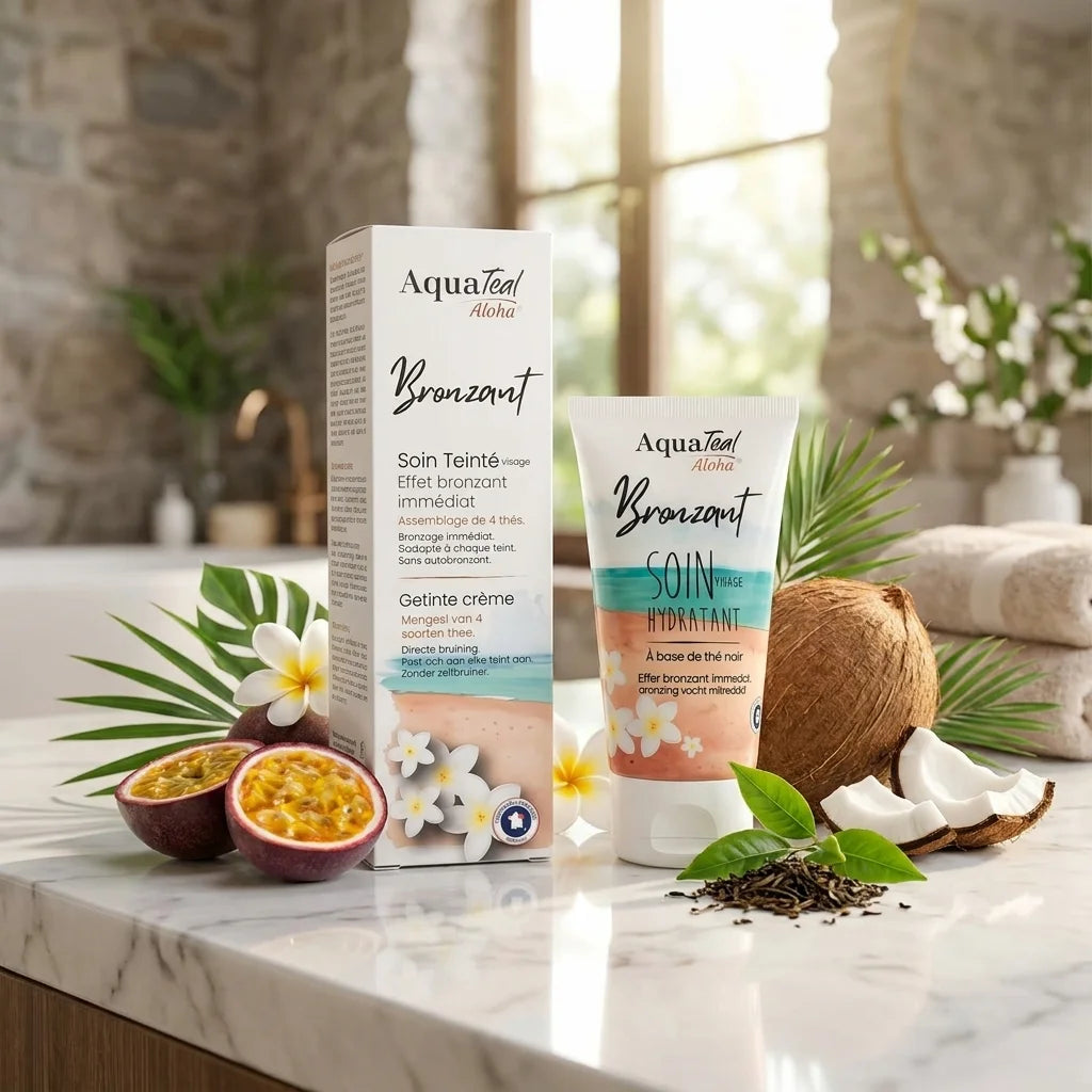 Crème soin visage anti-âge bronzant Aquatéal sur vanité spa luxe avec éléments naturels