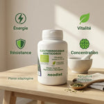 Eleutherocoque bio 200 gélules Neodiet avec icônes bénéfices : énergie, vitalité, résistance, concentration
