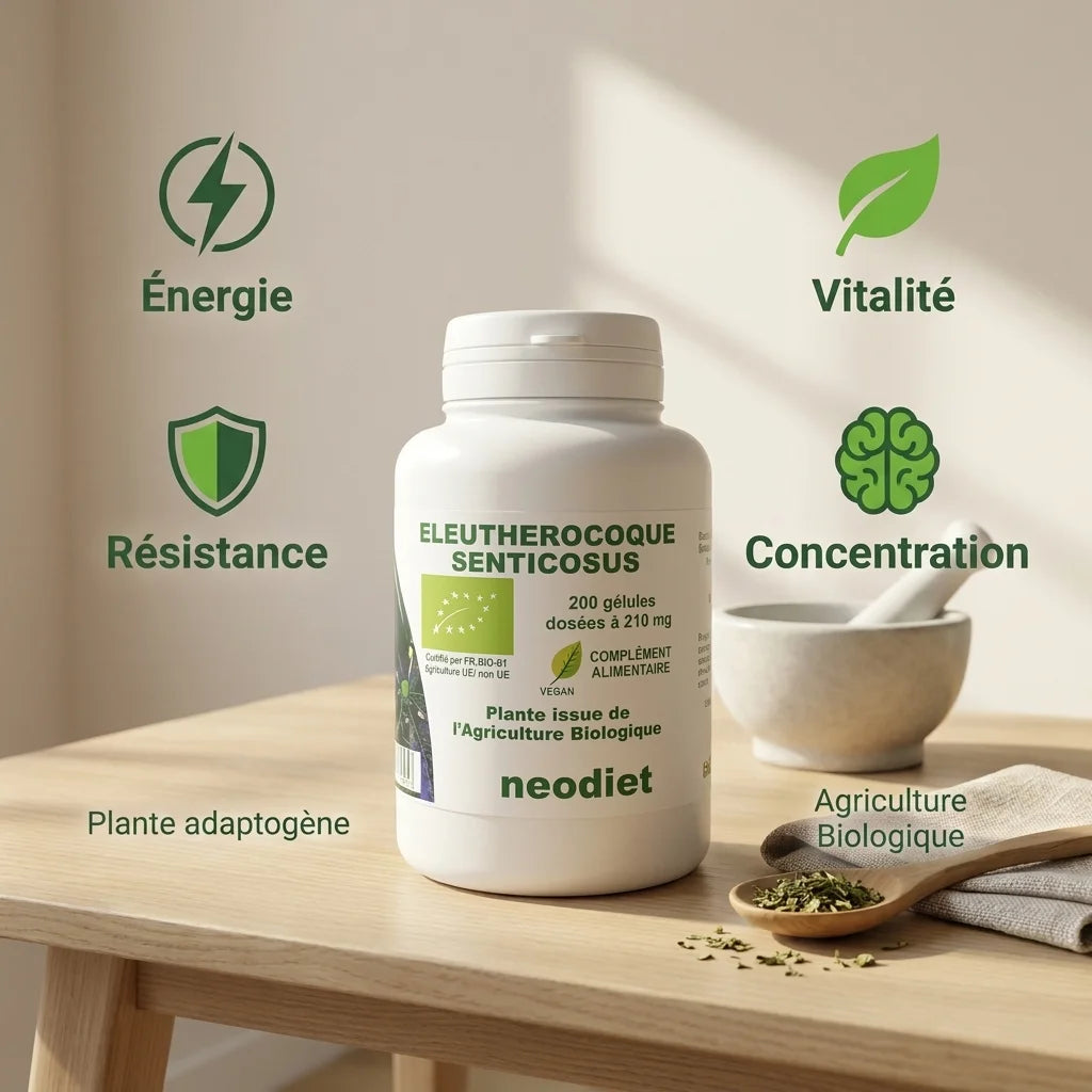 Eleutherocoque bio 200 gélules Neodiet avec icônes bénéfices : énergie, vitalité, résistance, concentration